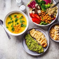 assortment of plant-based dishes on a countertop