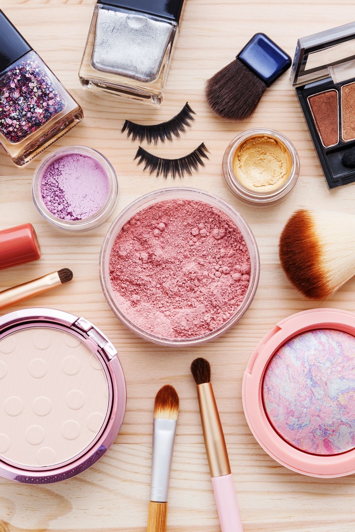 variety of cosmetics on a table.