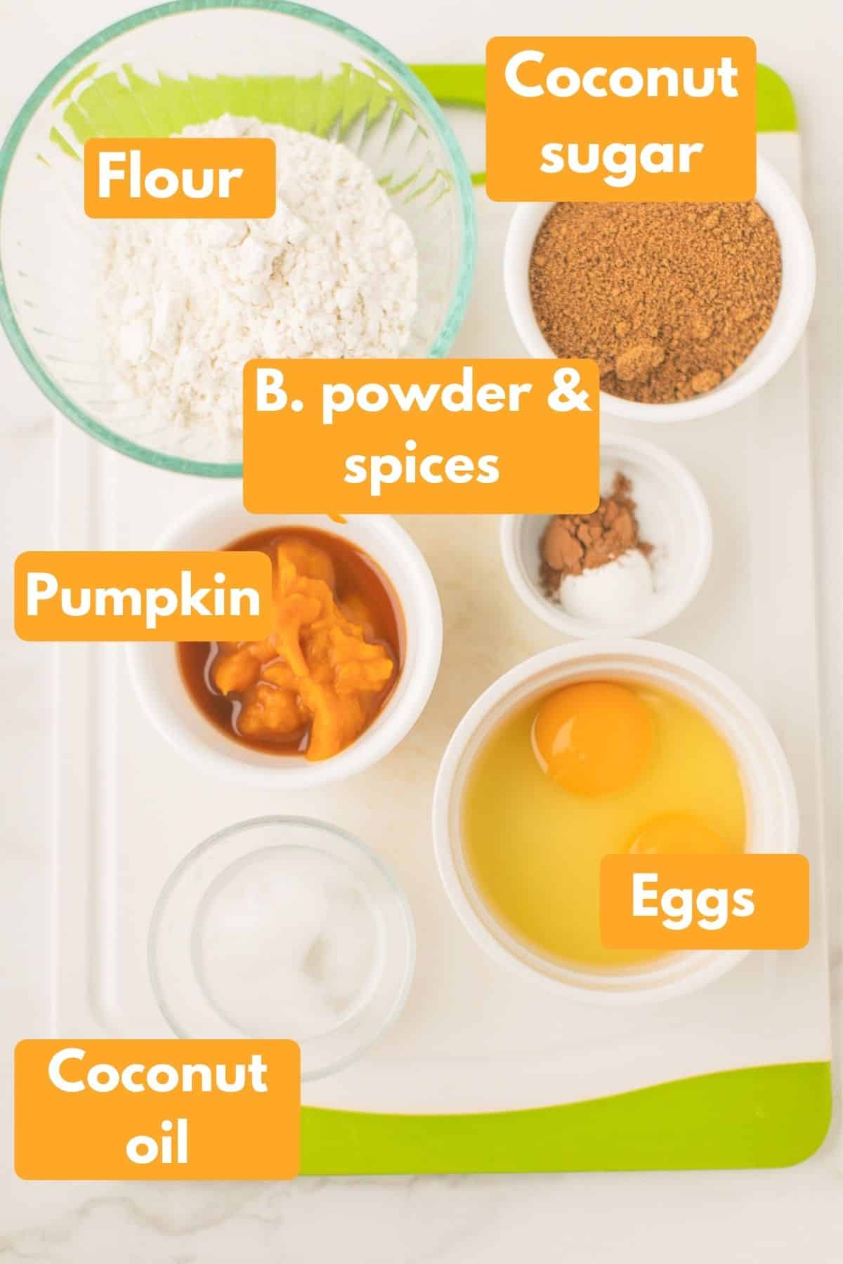 labeled photo with ingredients for instant pot pumpkin spice cake