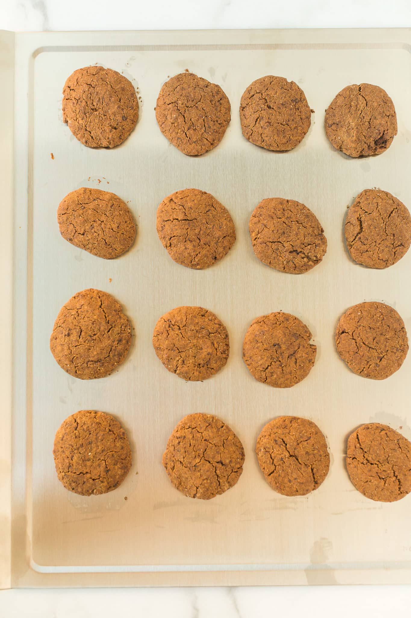 molasses cookies on a stainless steel baking sheet.