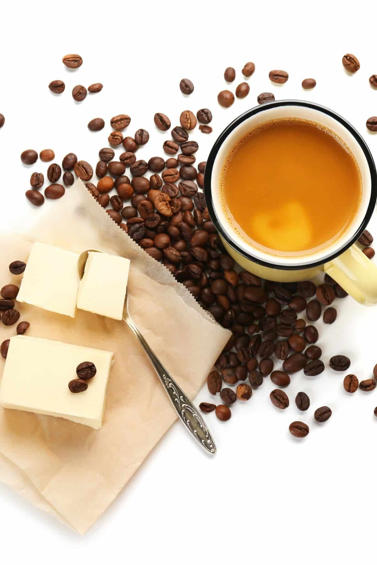 ingredients for butter coffee on a tabletop.
