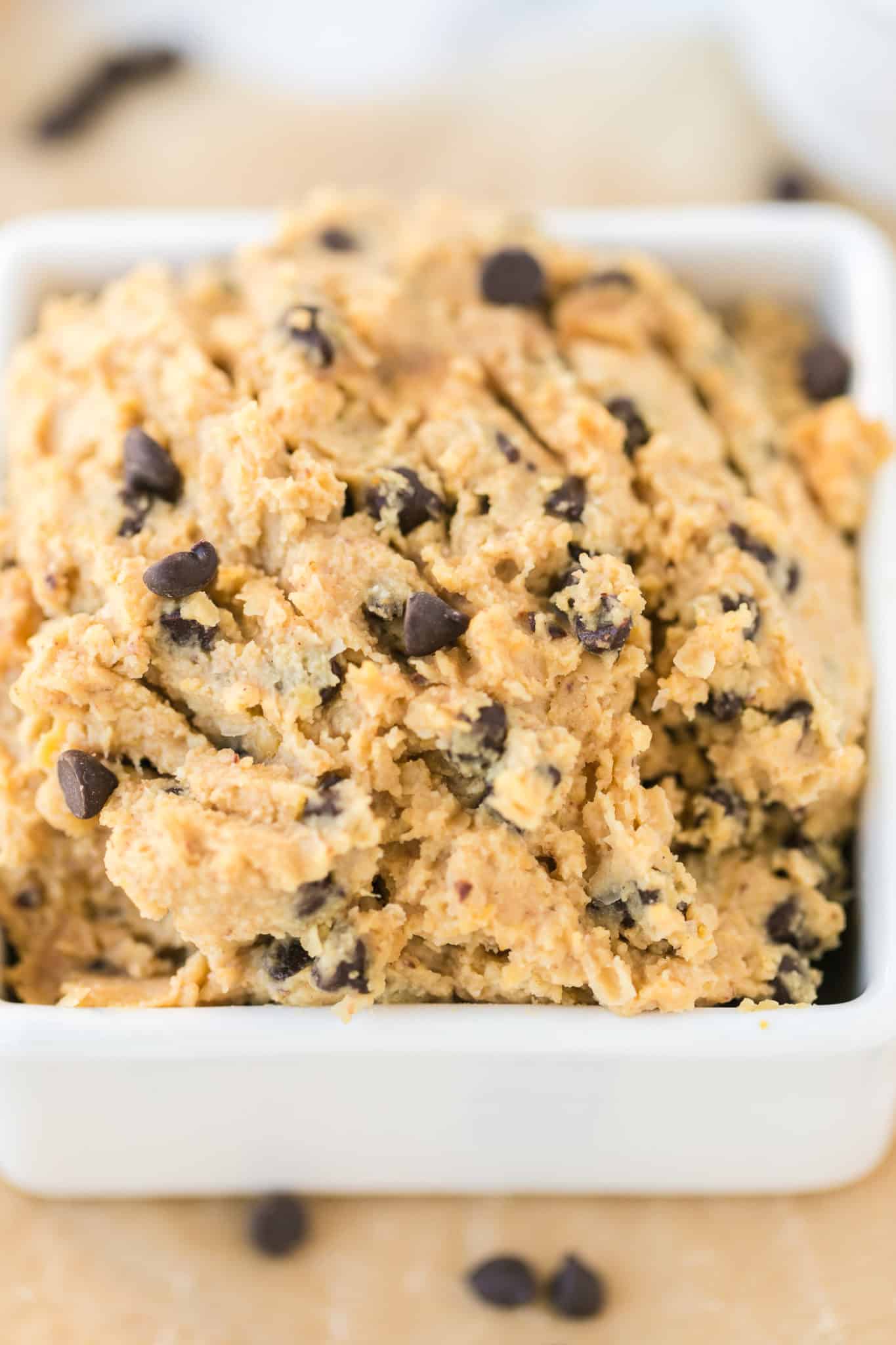 chocolate chip edible cookie dough made with chickpeas.