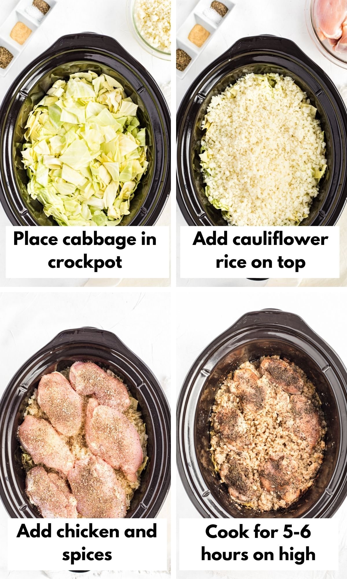 labeled process photos for crockpot chicken and cabbage dish.