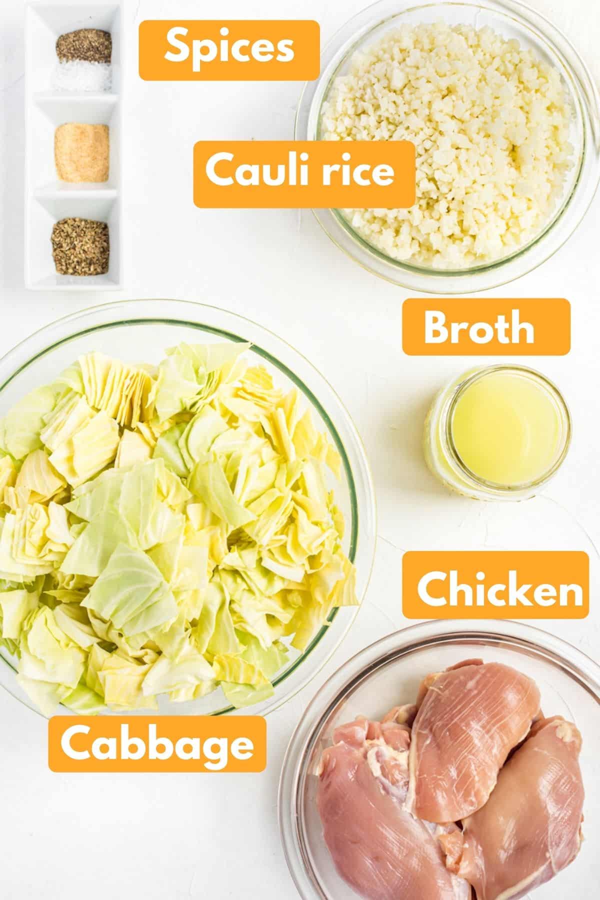 photo with labeled ingredients for keto crockpot chicken thigh recipe.