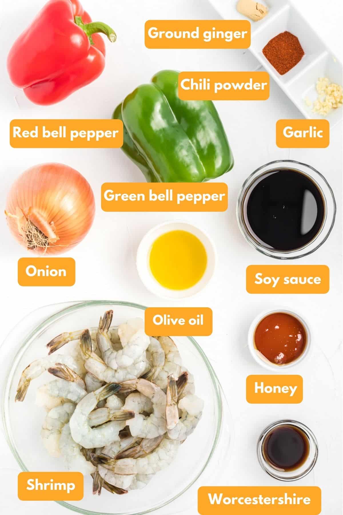 Ingredients for shrimp fajitas laid out in bowls