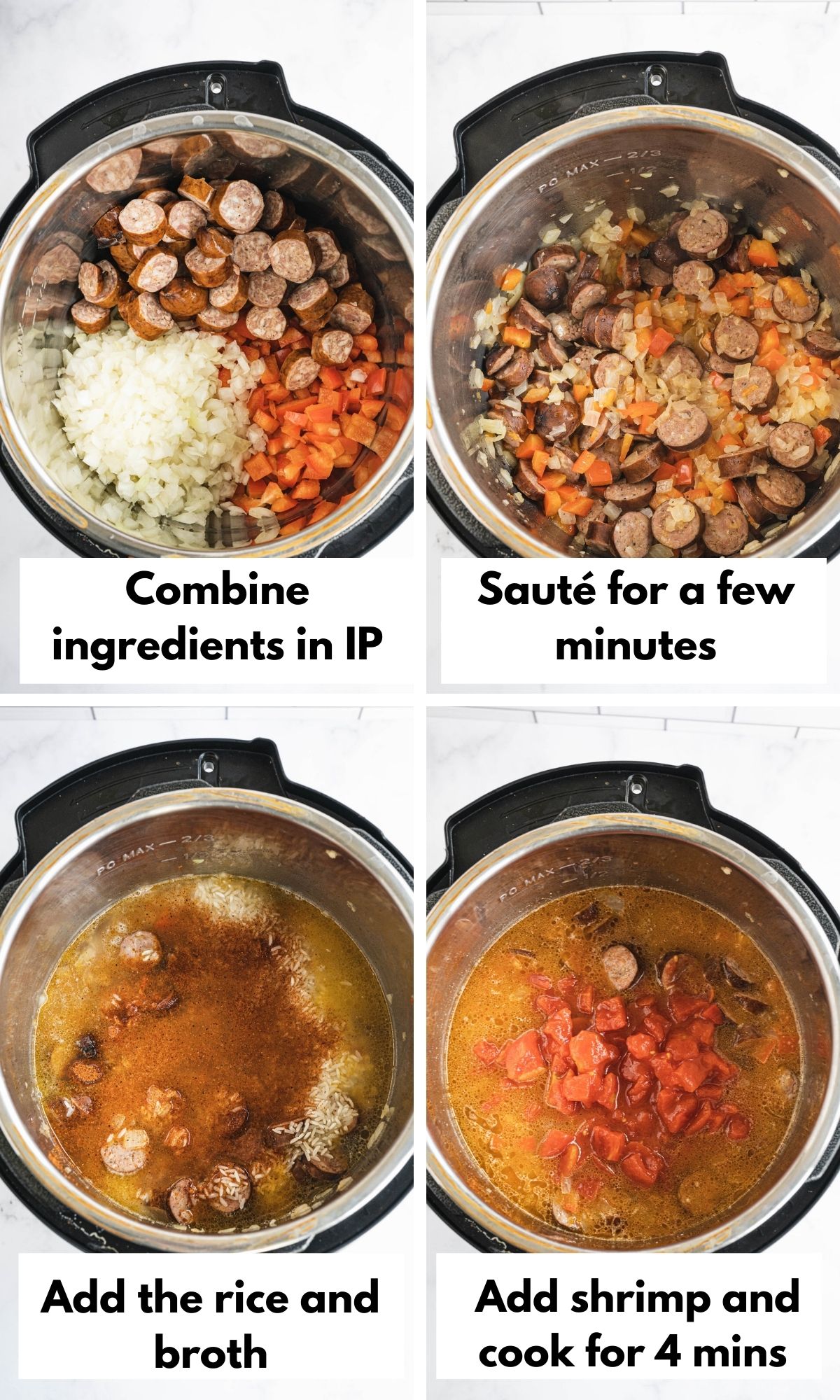 Pictures explaining how to make instant pot jambalaya.