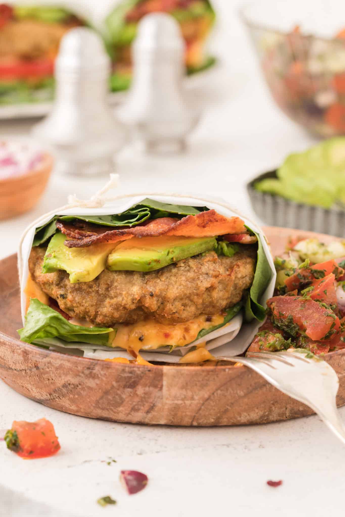 A lettuce wrapped turkey burger.