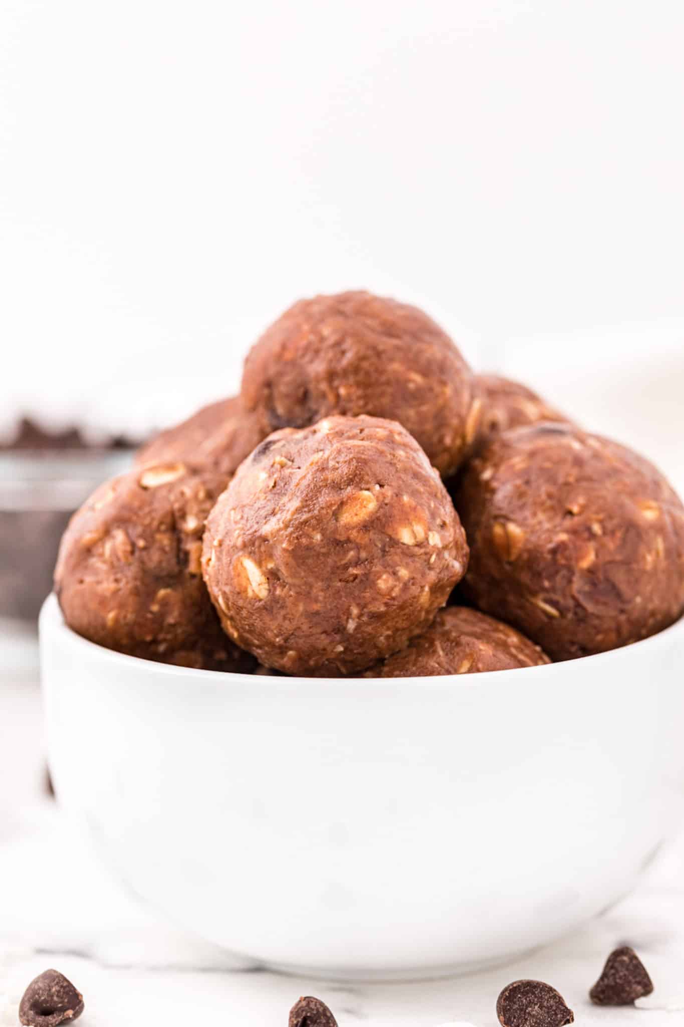a bowl of double chocolate almond butter energy balls