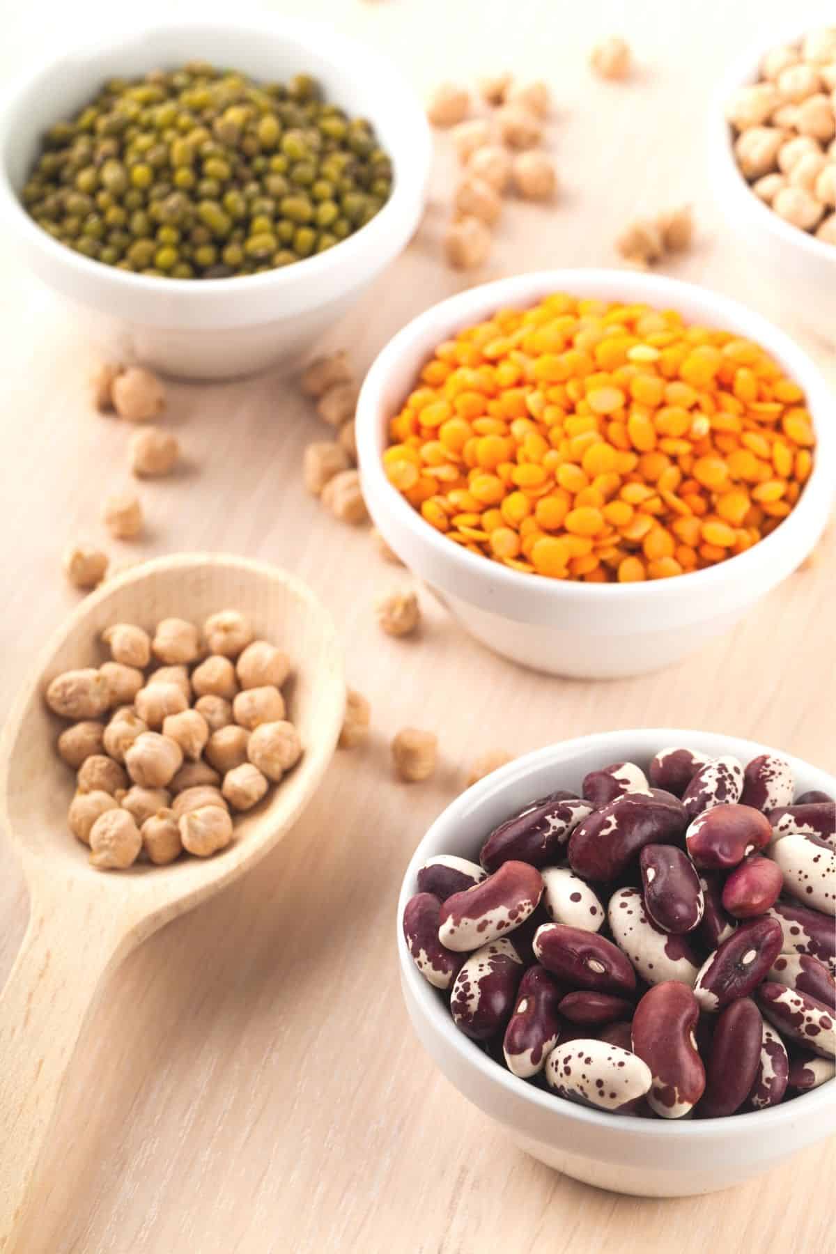 Bowls of dried beans and peas