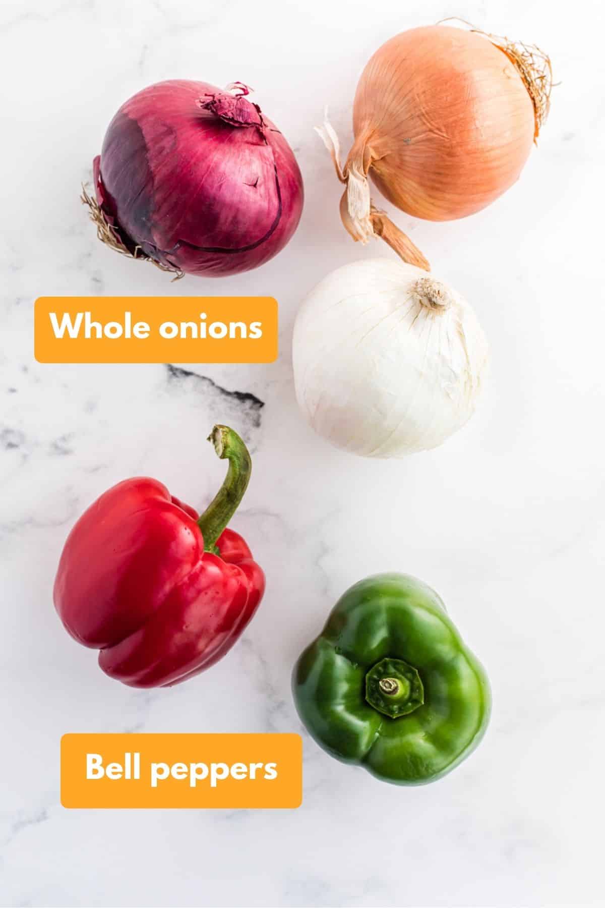 Whole onions and bell peppers