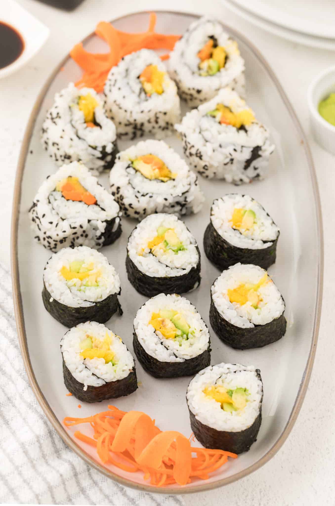 homemade sushi on a platter