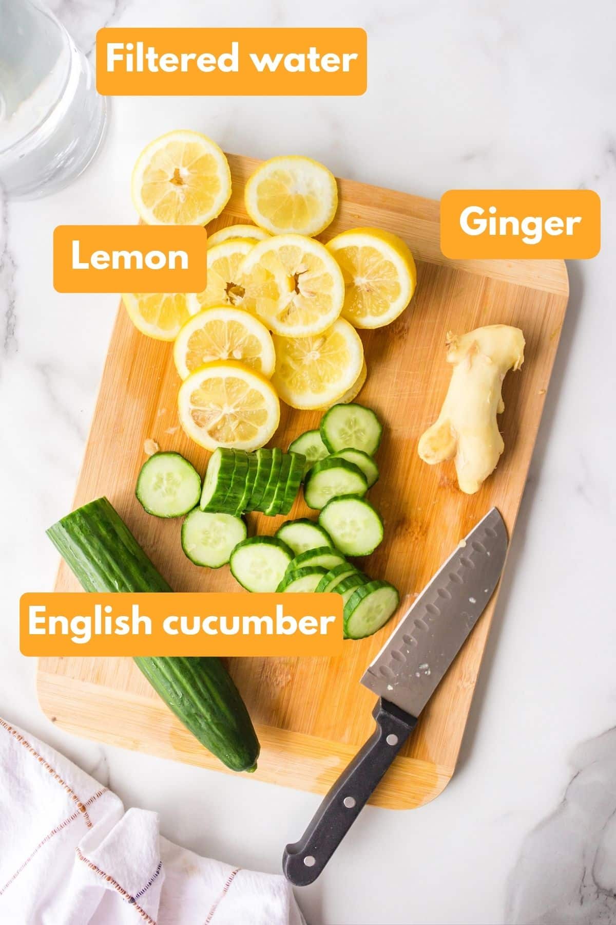 Ingredients for cucumber lemon ginger water