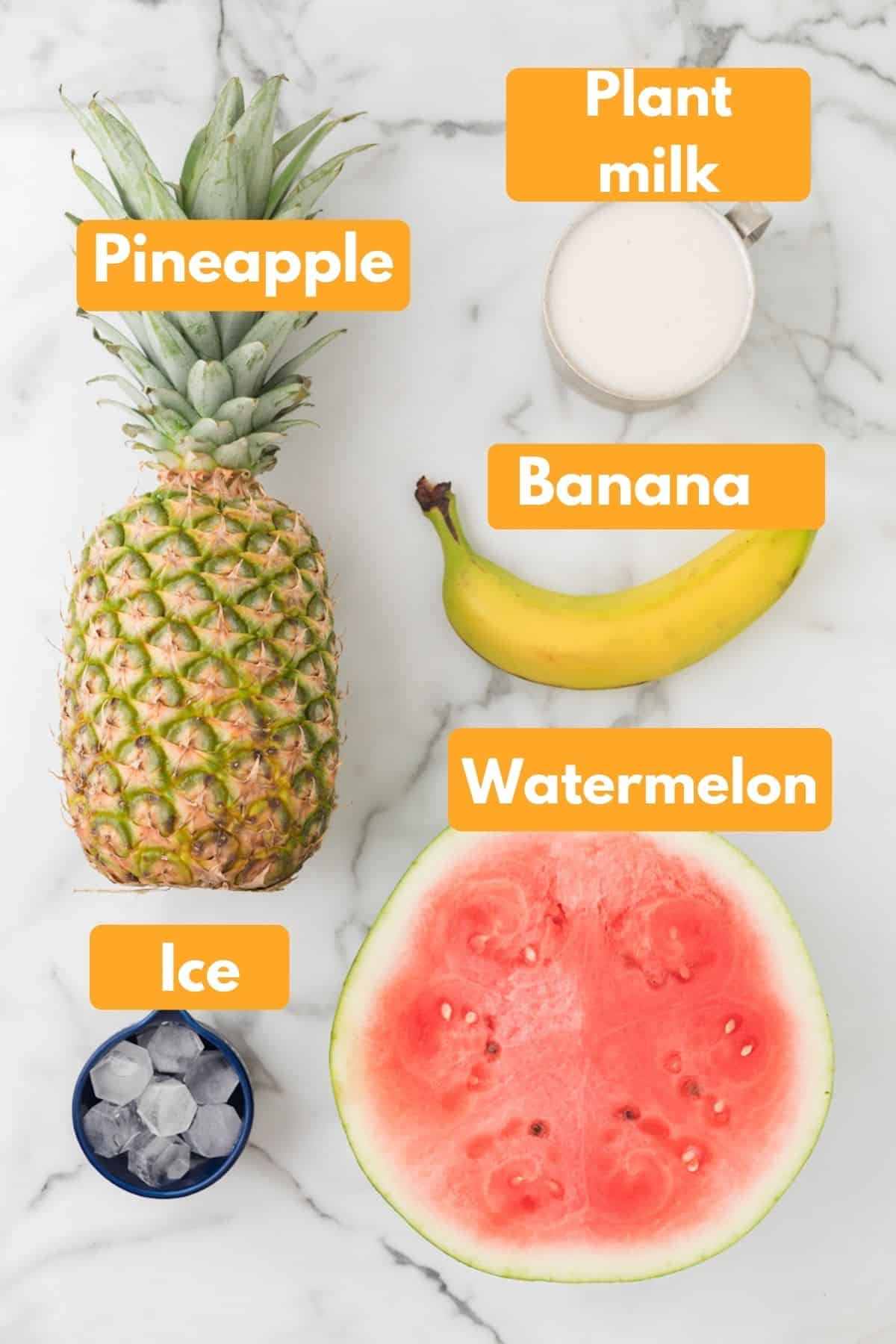 ingredients with labels for watermelon banana smoothie.