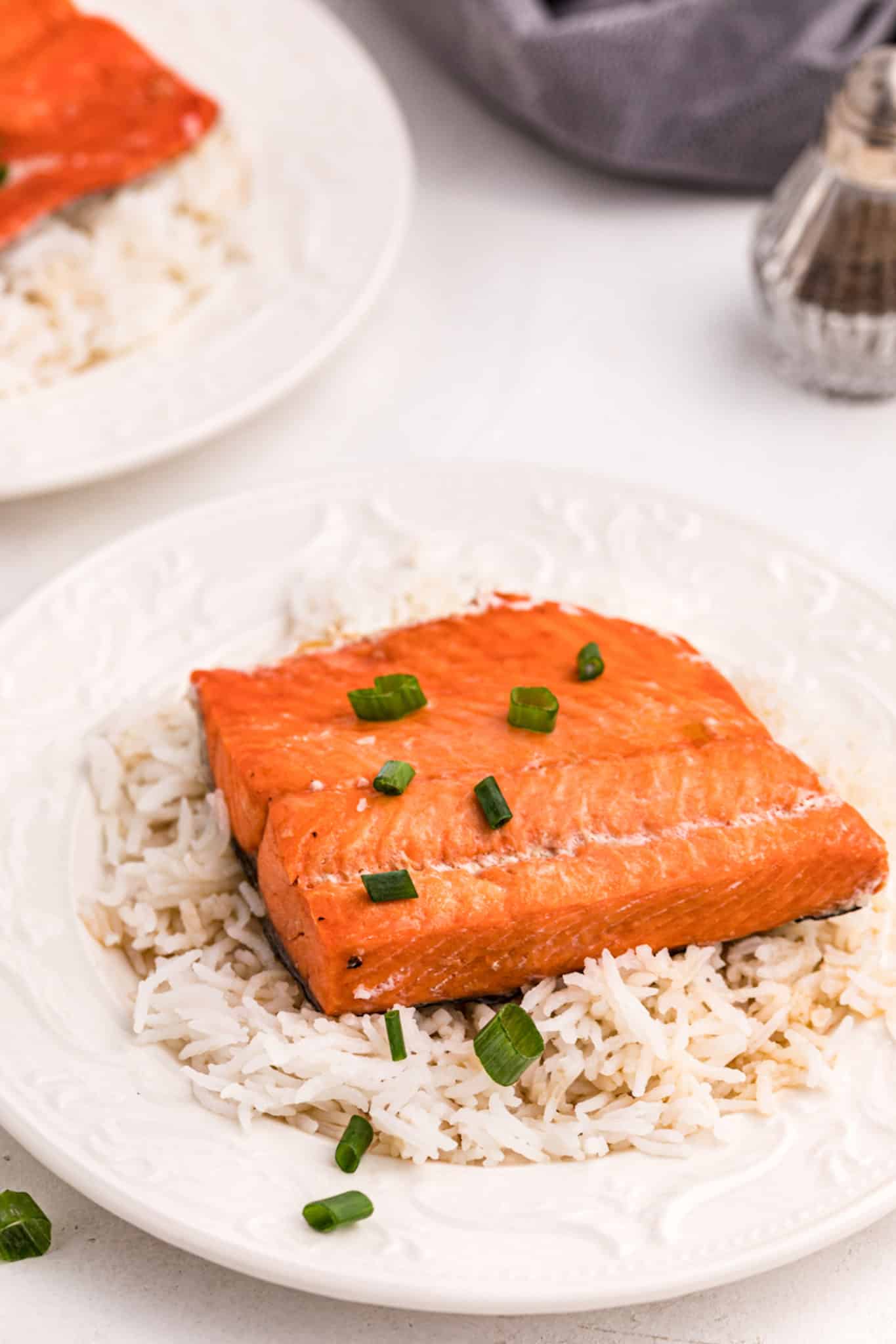 Salmon fillet on a plate with white rice.