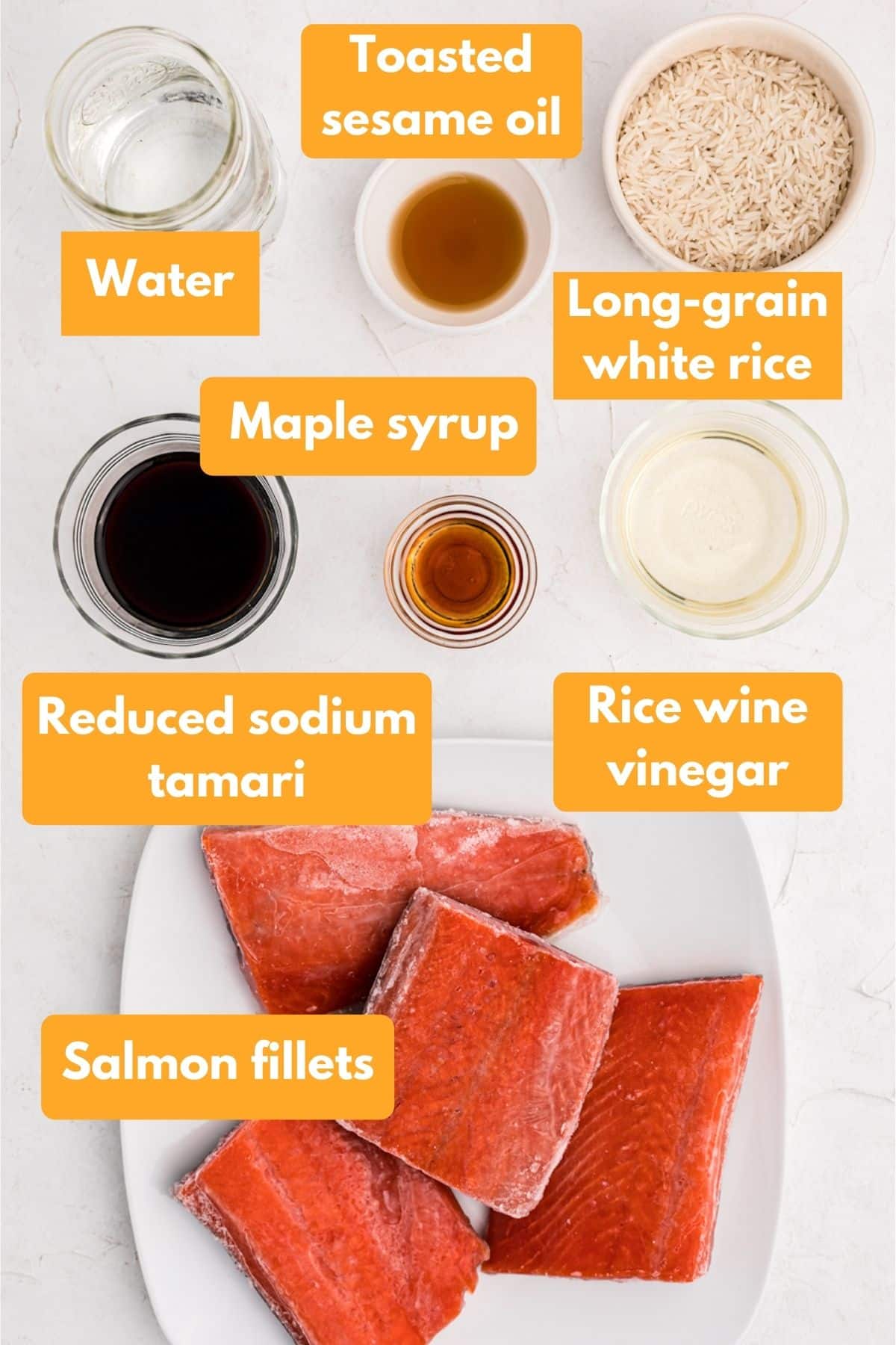 Ingredients for instant pot salmon and rice dish.
