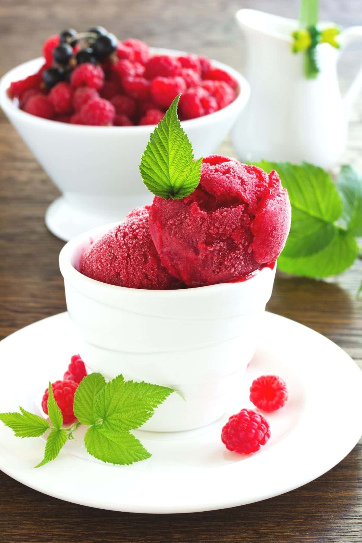 mixed berry sorbet served in a bowl with fresh mint.
