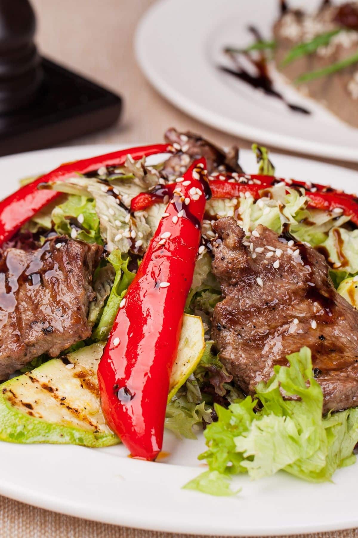 steak salad on a plate with veggies.