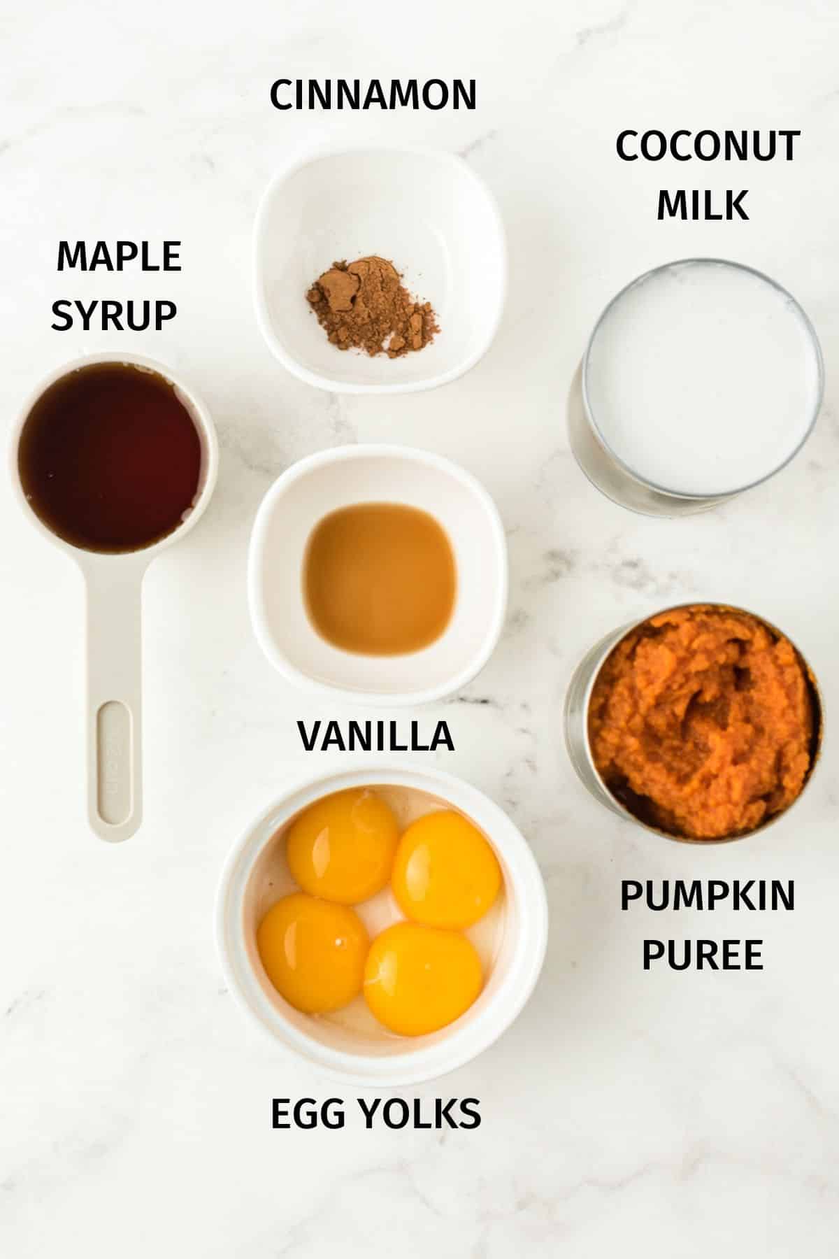 Photo with labeled ingredients for dairy free pumpkin pudding.