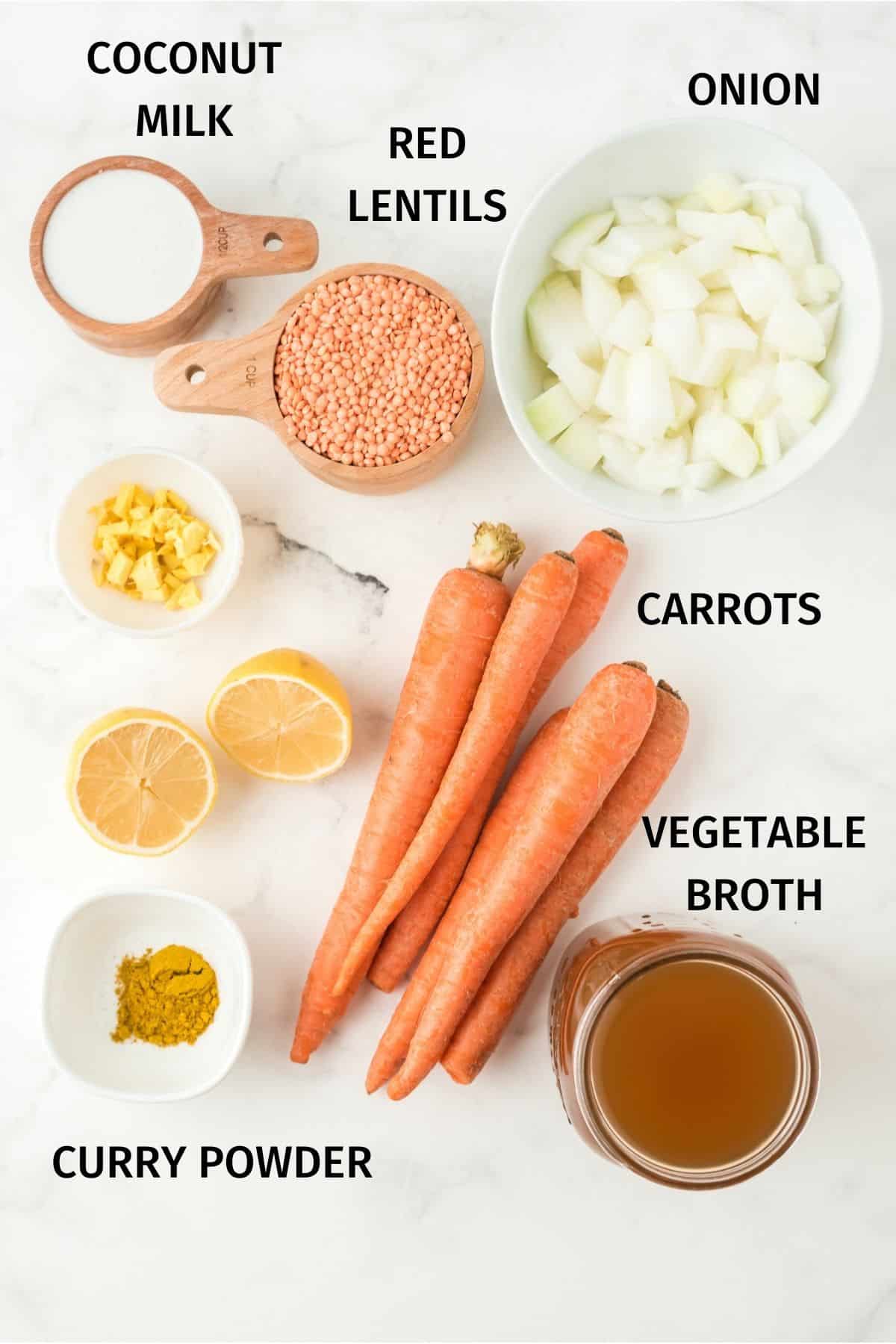ingredients for carrot ginger lentil soup.