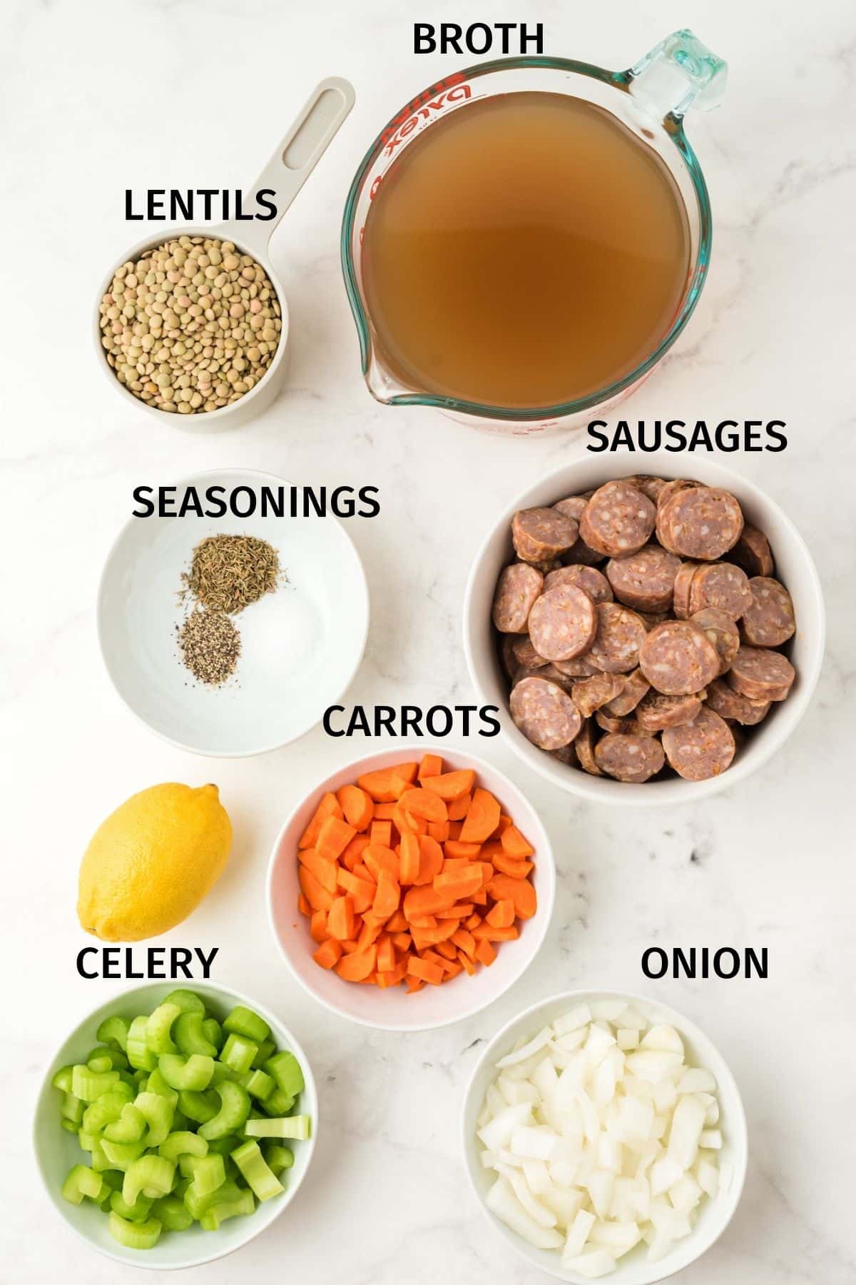 photo with labeled ingredients for instant pot lentil soup