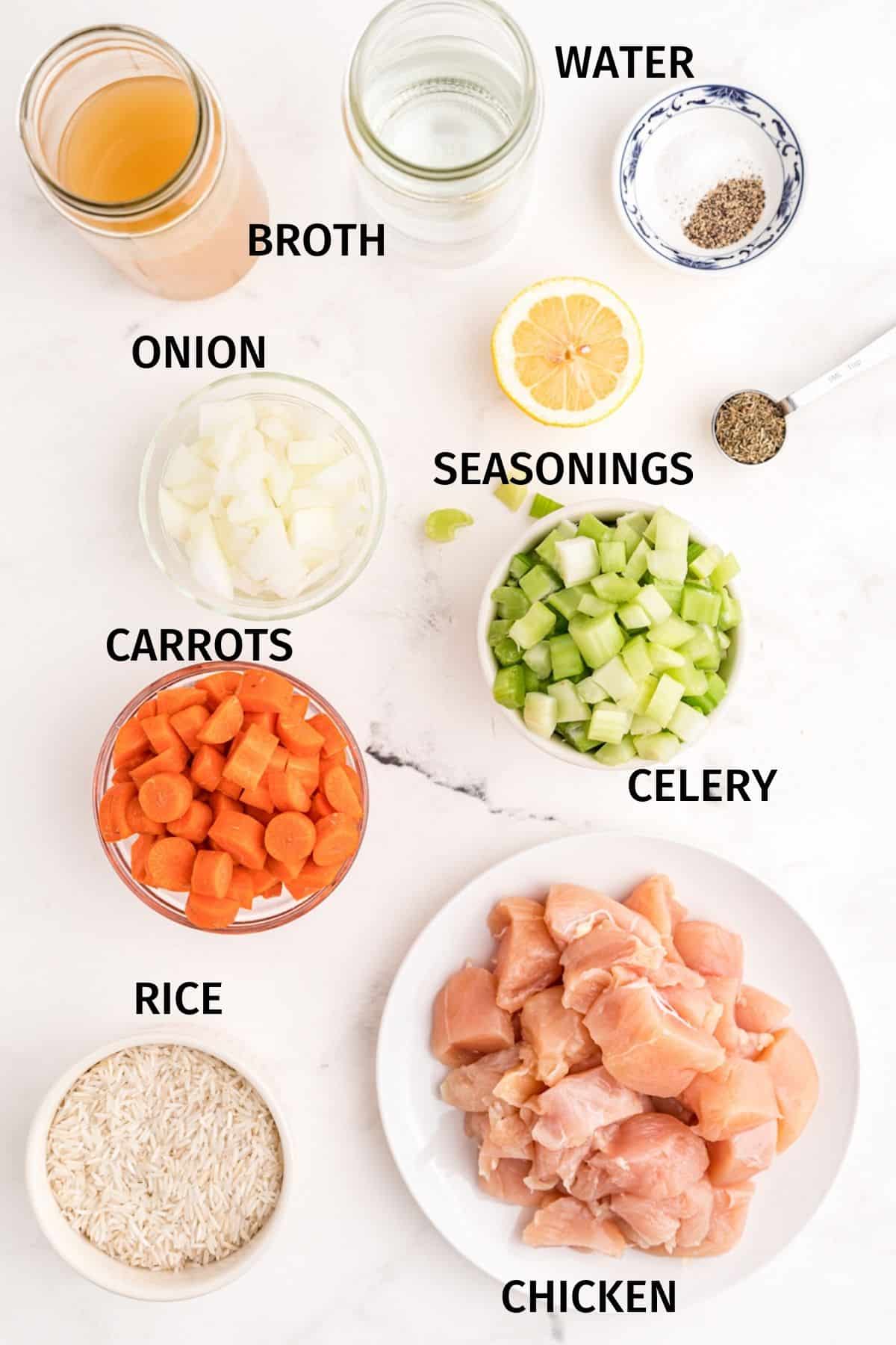 photo with labels for ingredients to make instant pot chicken rice soup.