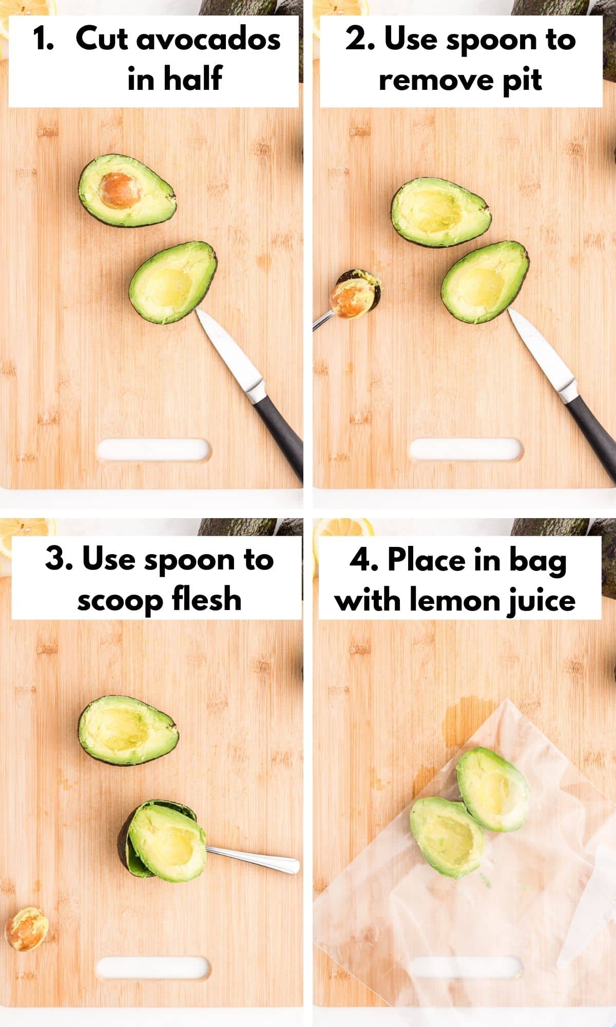 process photos for how to freeze ripe avocados.