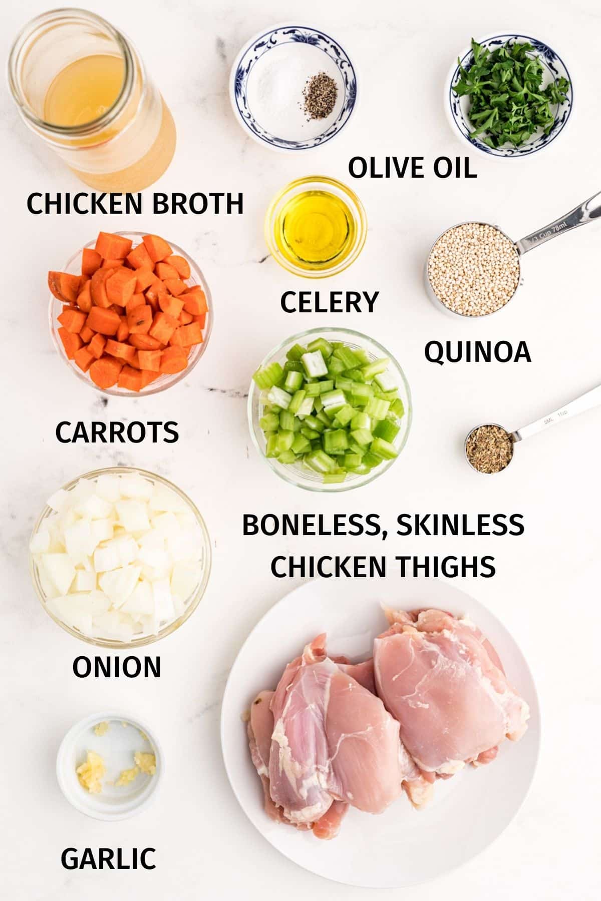 ingredients for chicken quinoa dinner with veggies.