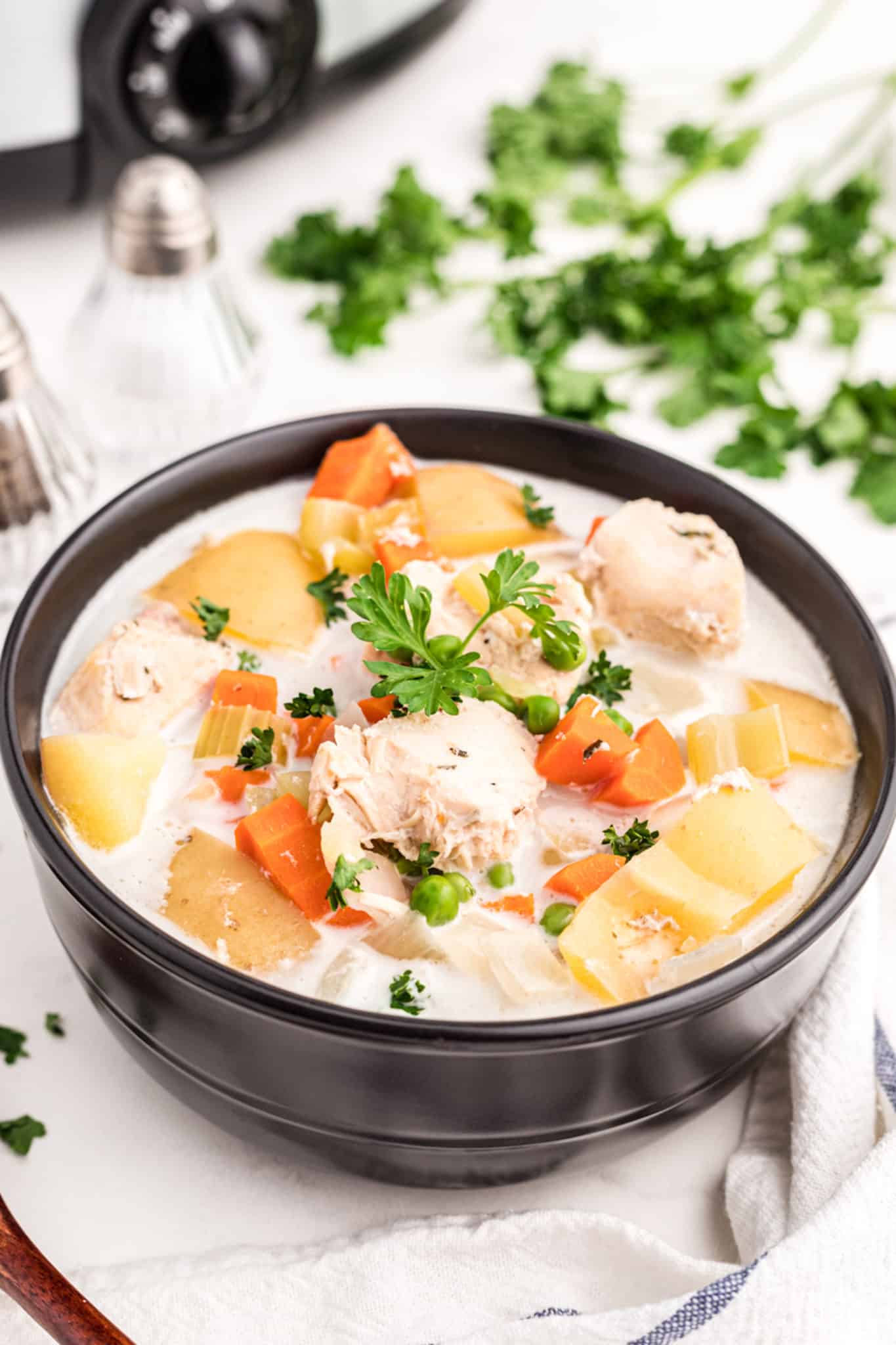 a bowl of coconut chicken stew with potatoes.