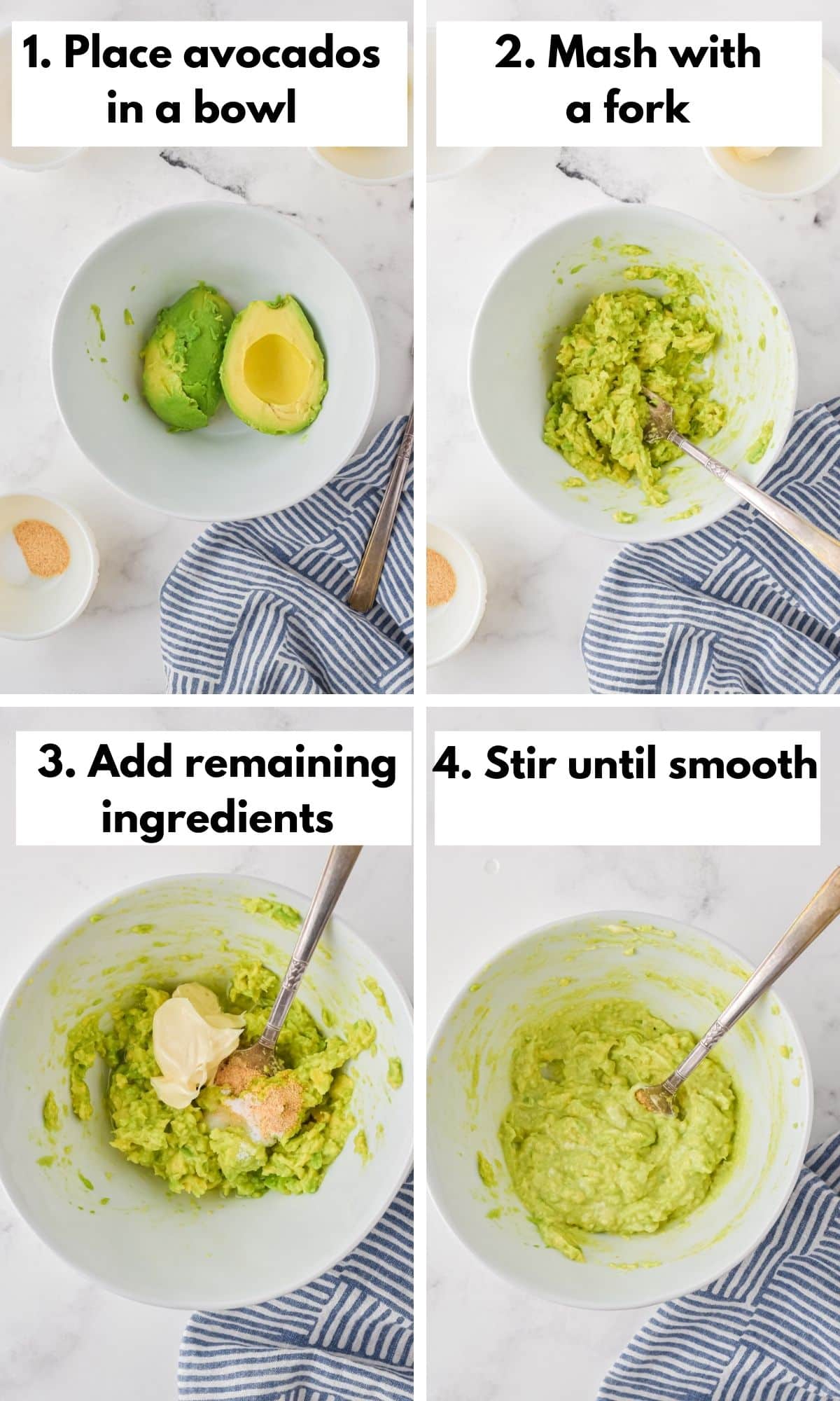 Step-by-step photos of making dairy-free avocado spread in a bowl.