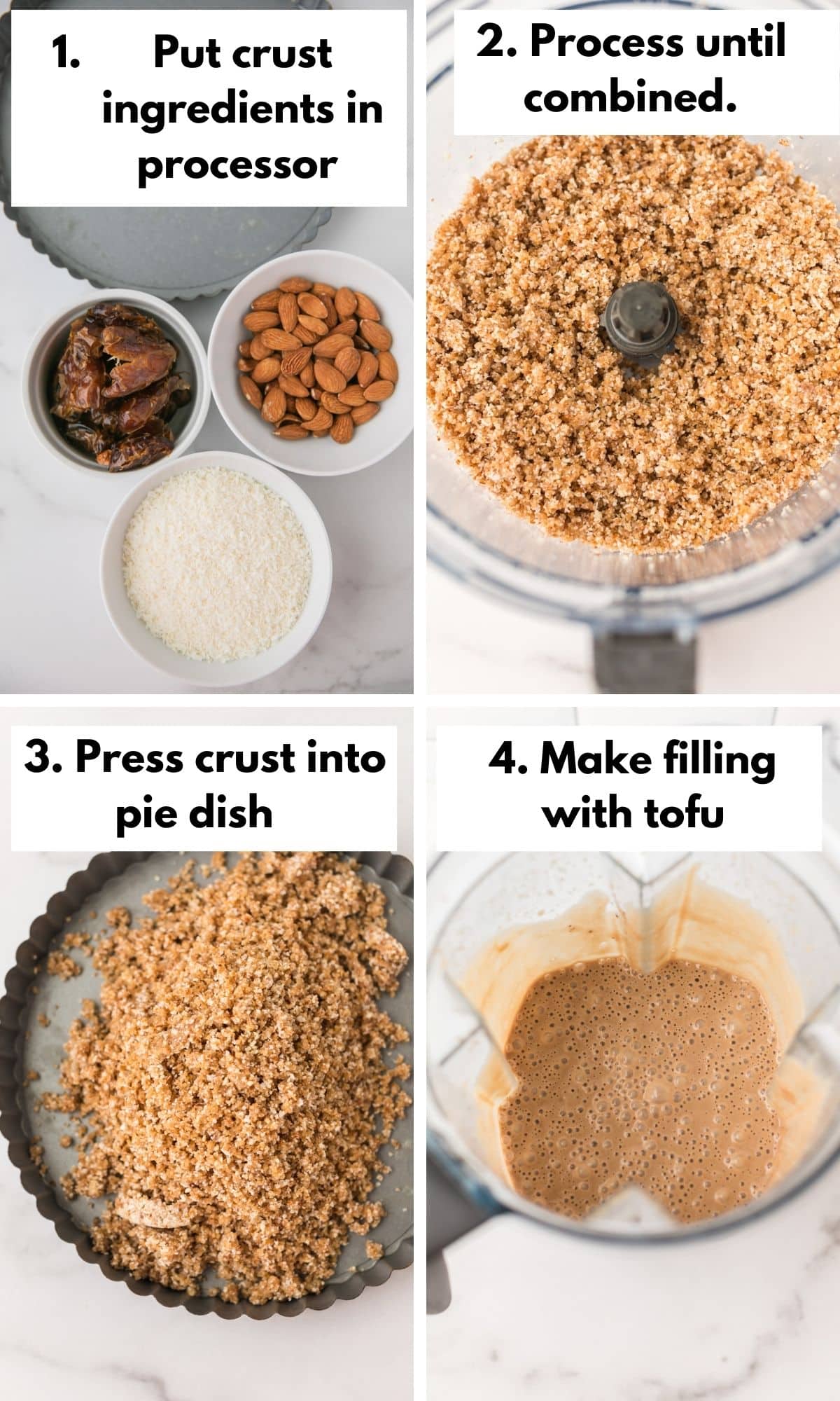 process photos for how to make vegan pb pie.