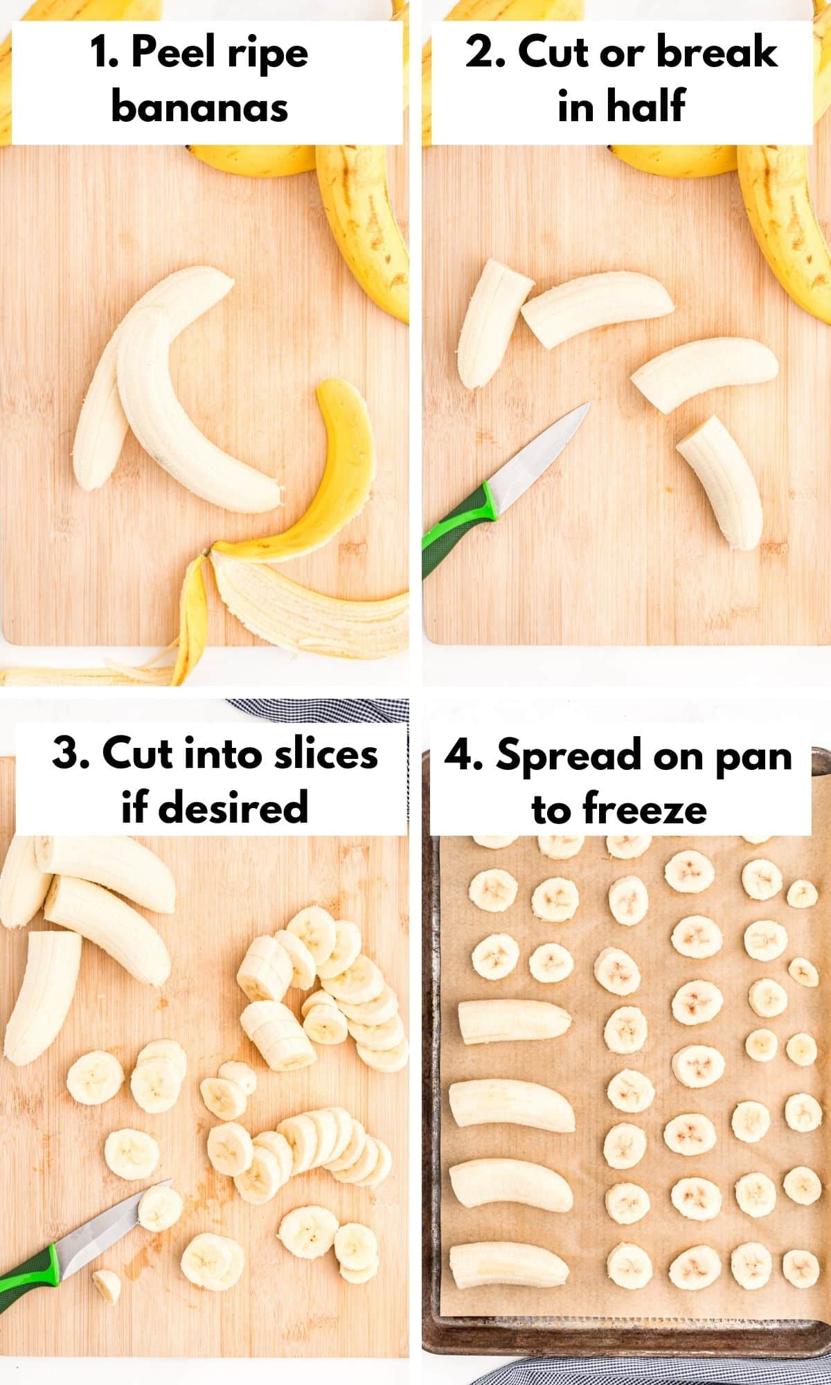 Process collage of how to slice and freeze bananas.
