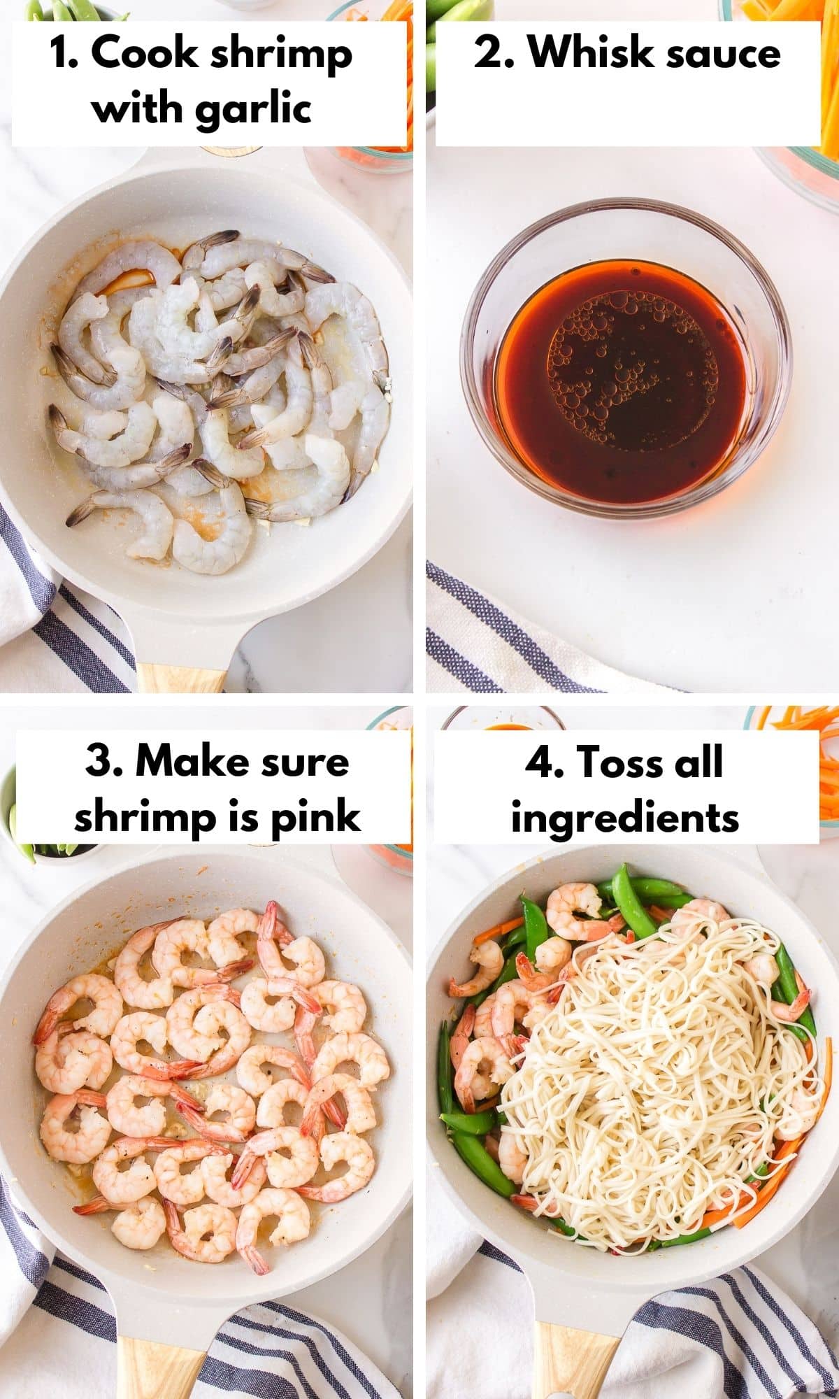 Process collage for making shrimp udon with sauce.