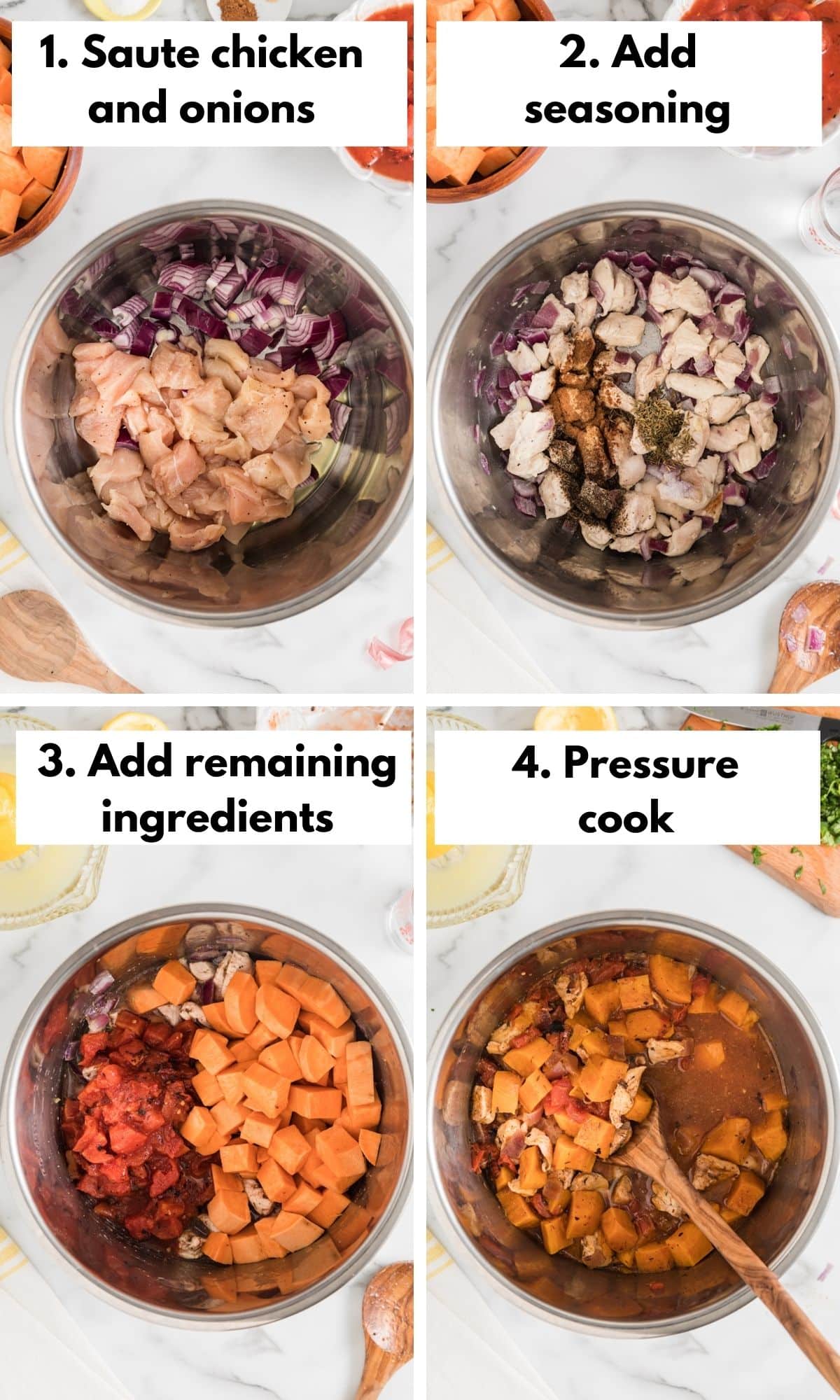 Process collage of cooking sweet potato chicken in an Instant Pot.