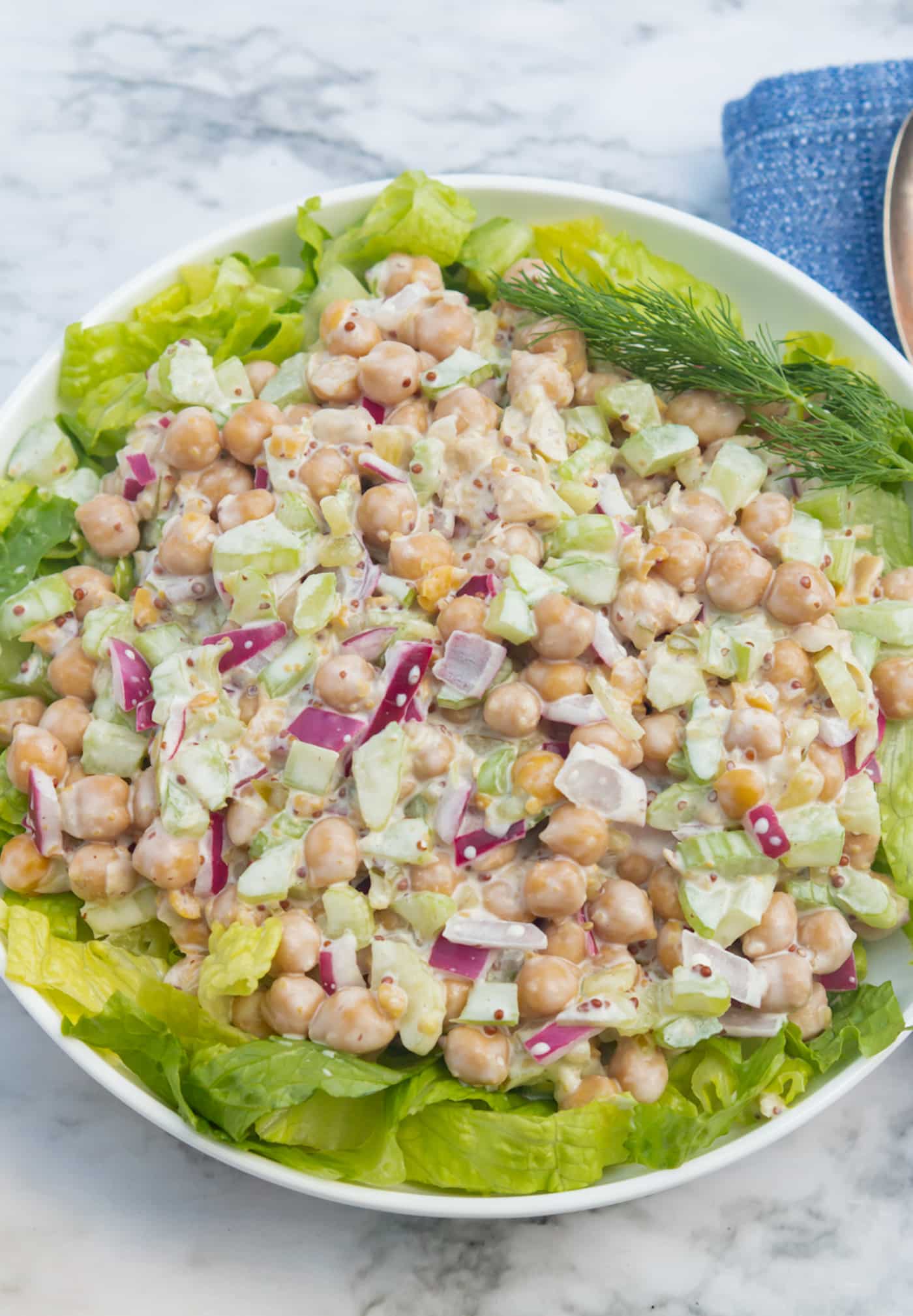 vegan tuna salad with chickpeas serving bowl.