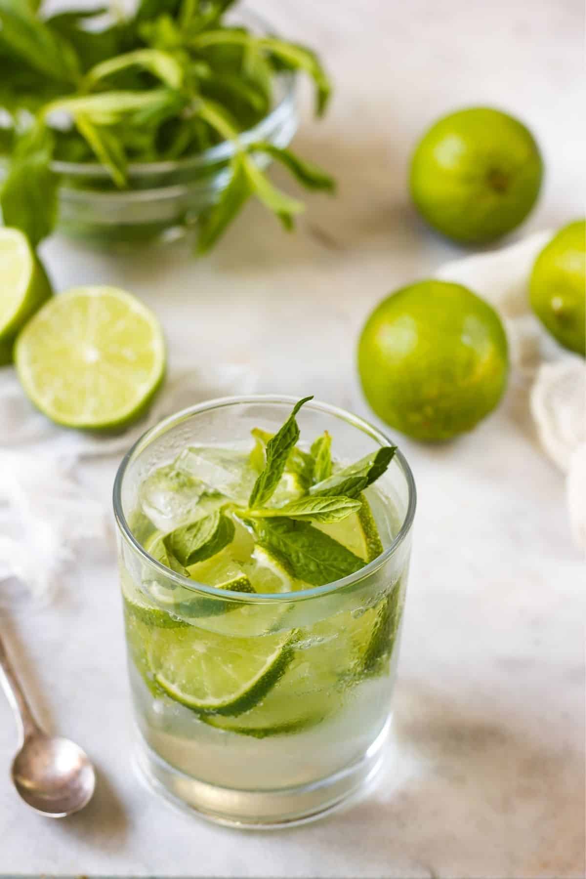 Mint mojito mocktail in clear glass on table.