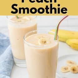 Banana peach smoothie in two glasses with iridescent straws.