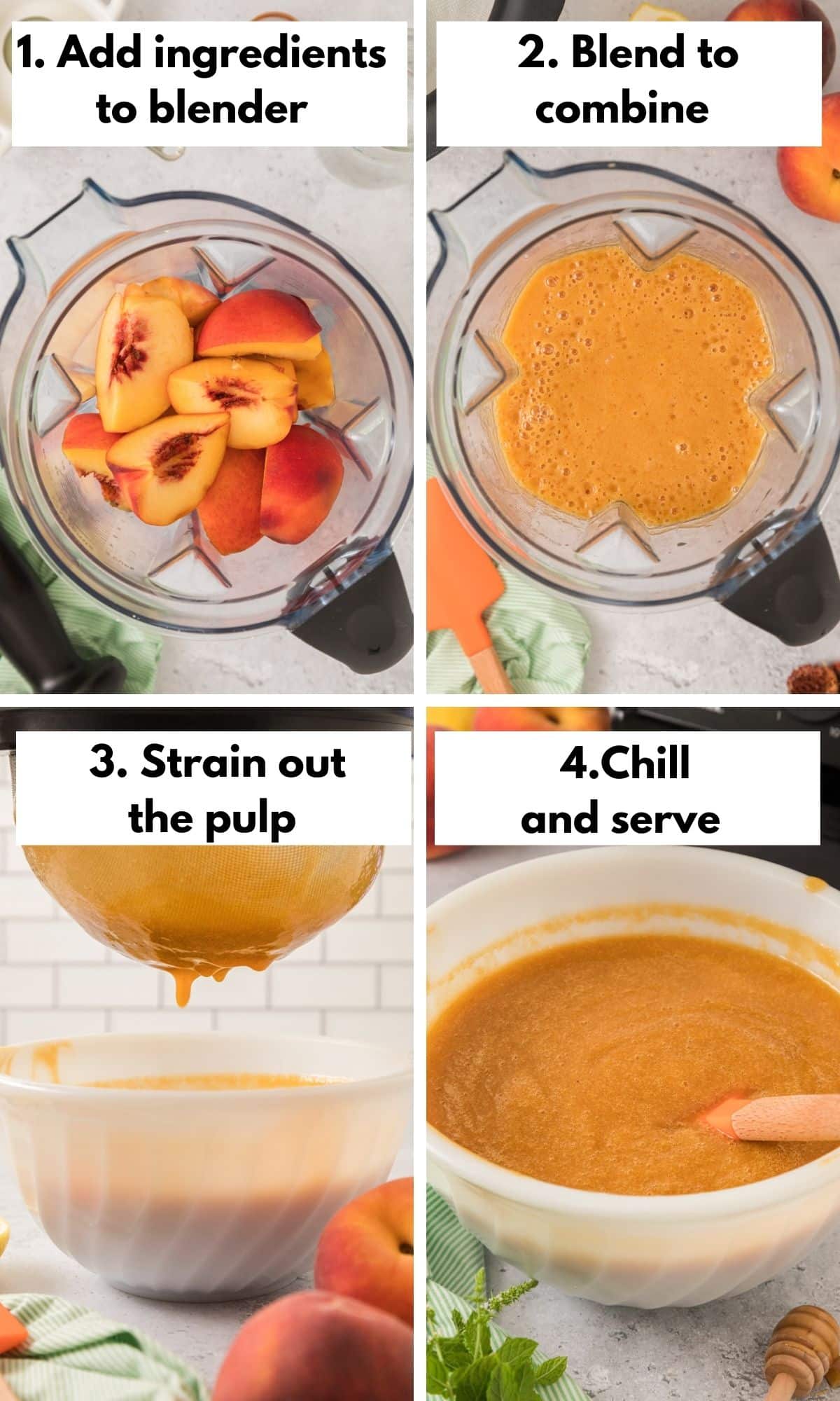 Process collage on how to make peach juice in a blender.