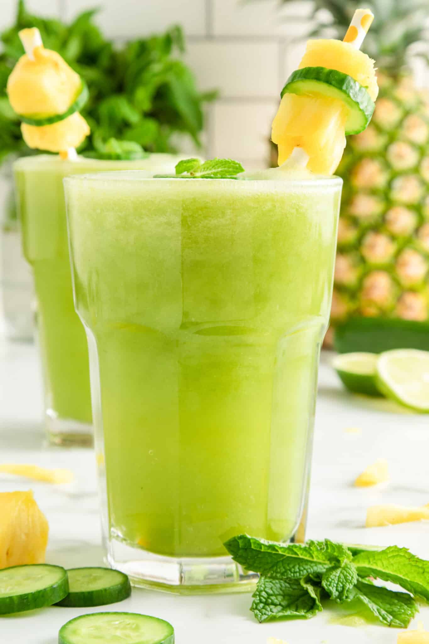 cucumber pineapple smooothie side view.