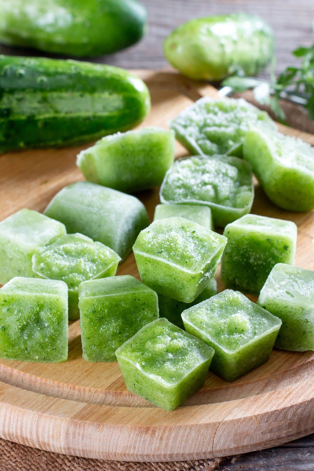 Cubes of frozen cucumber puree on a wooden cutting board.