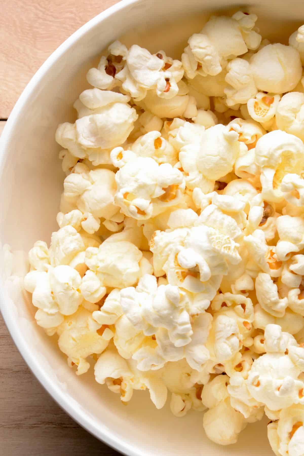 Popcorn in a white bowl.