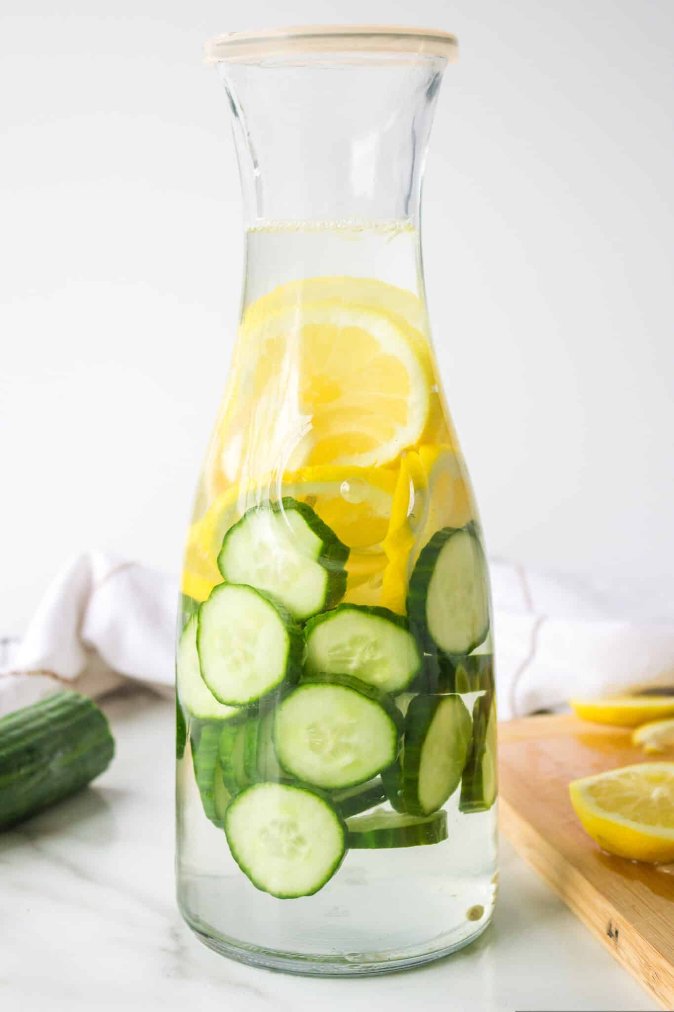 cucumber ginger lemon water in carafe.