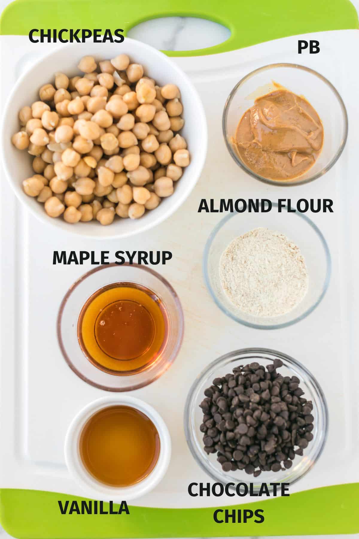 labeled photo with ingredients for chickpea cookie dough.