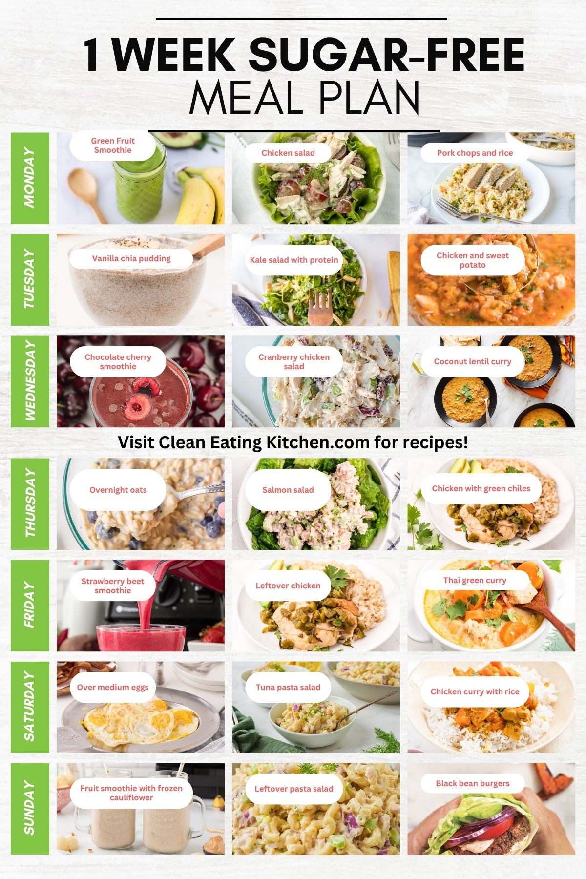 one week sugar free meal plan with pictures of meals.