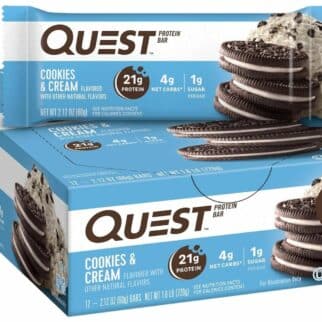 a cookies and cream Quest bar on top of a box.